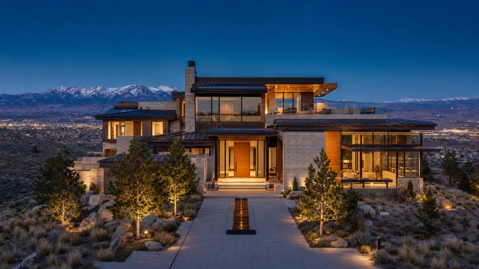 Brand-new single-family homes under construction in a Reno Nevada master-planned community with Sierra Nevada peaks in the background