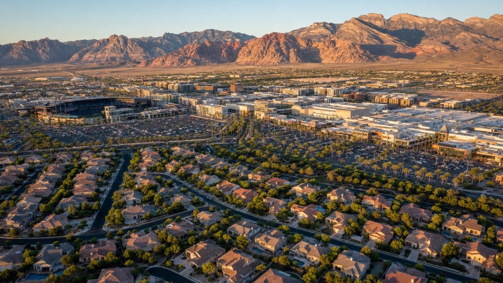 The Trails Summerlin aerial view with mature village streetscape and Spring Mountains backdrop